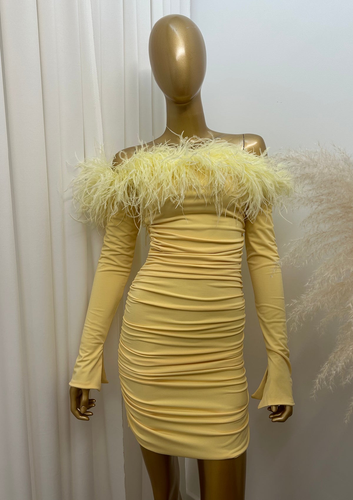 Carrie Ostrich Mini Dress Yellow