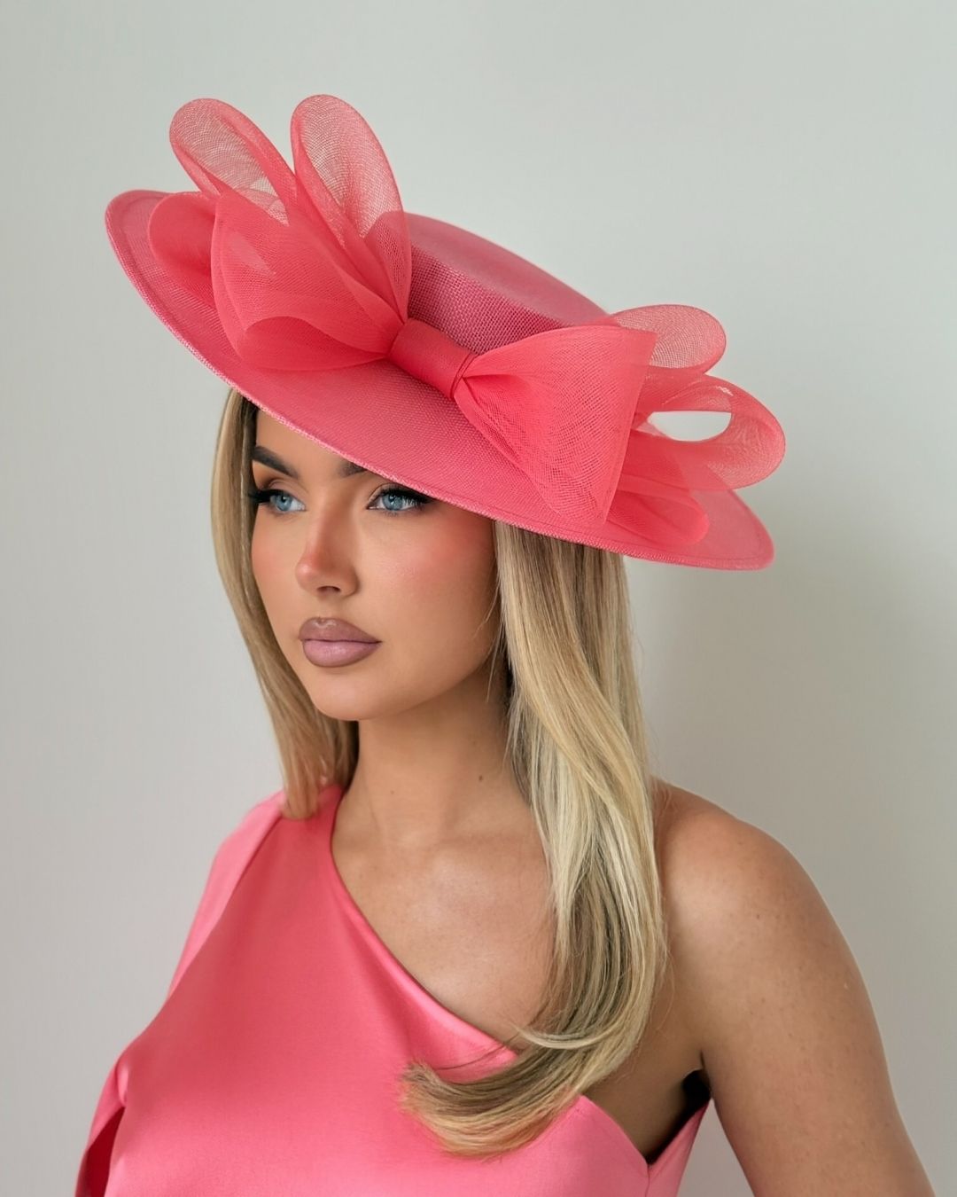 Rose Pink Oversized Bow Wide-Brim Fascinator Hat