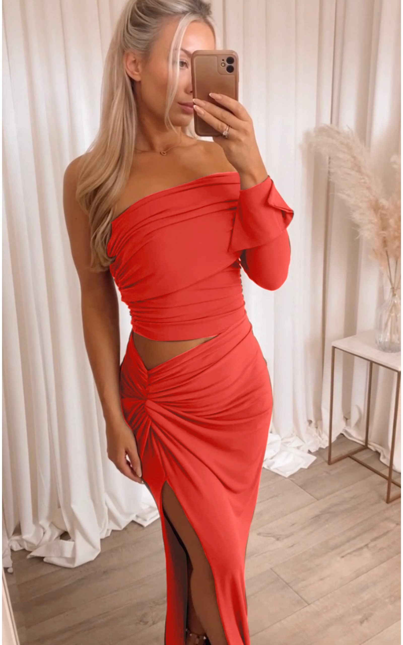 Olivia Asymmetric one sleeve Dress blood Orange